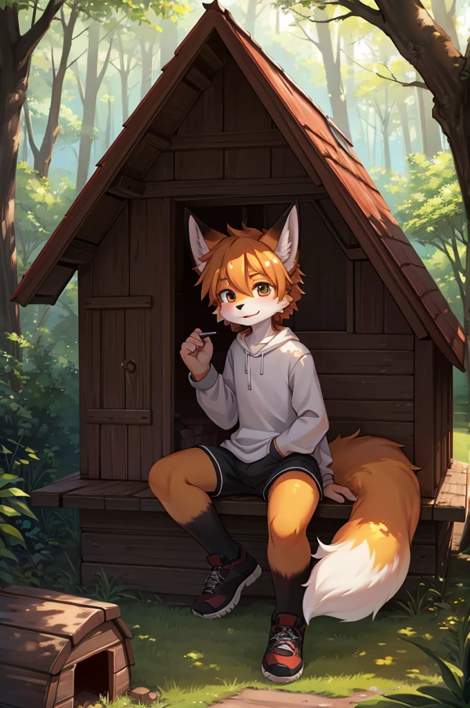 fox boy,8K resolution,high resolution,最high resolution,4K Deep in the Forest,doghouse,One person,Wearing plain clothes,