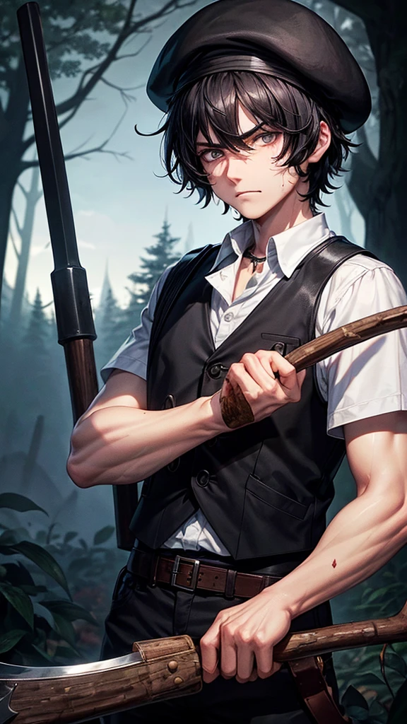 *Black shaggy-haired boy, Beret and black eyes, white skinned and a little angry, a pretty and tender face, black vest, with night forest landscape and an ax in his arms and blood splattered*