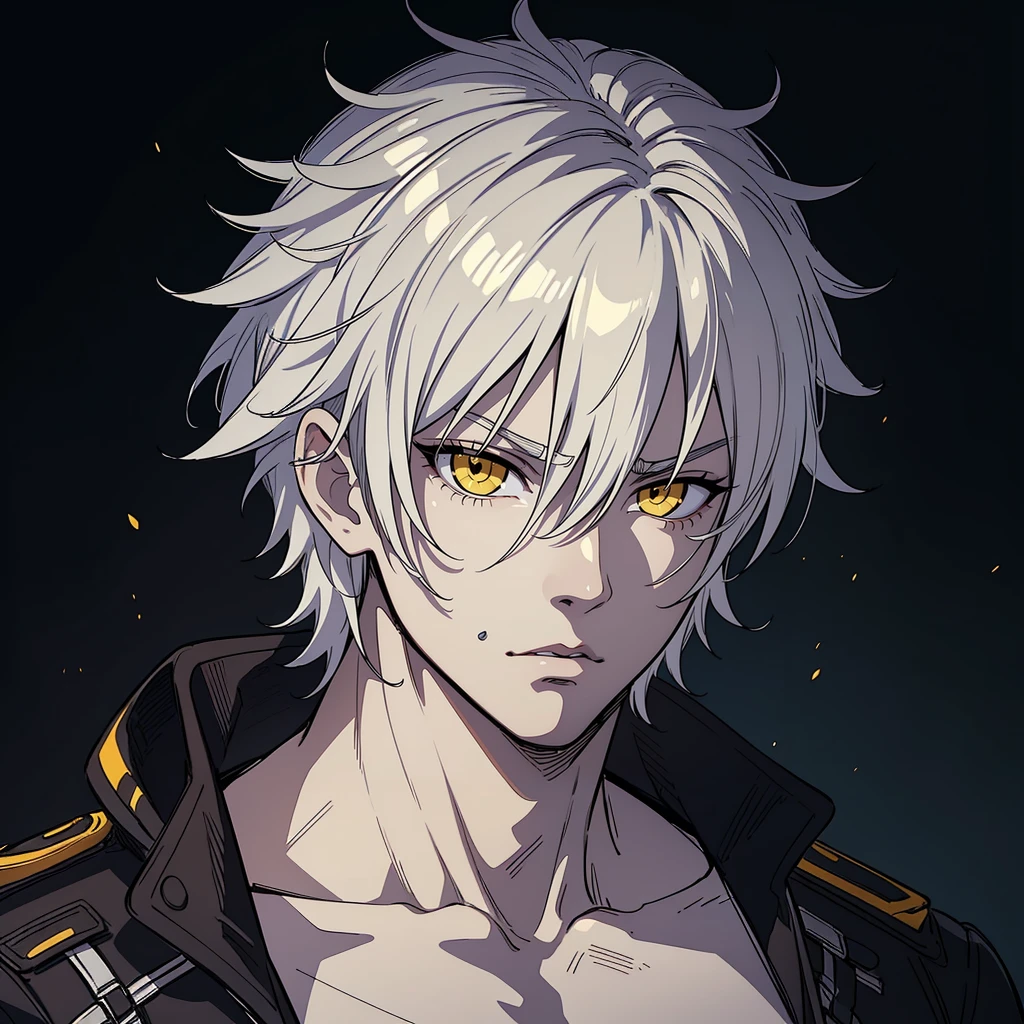 (high-quality, breathtaking),(expressive eyes, perfect face) Symmetrical Eyes, portrait, 1guy, 30 years old, white hair color, yellow highlights, bright yellow eyes, black and white clothes, Neopolitan RWBY, serious looking