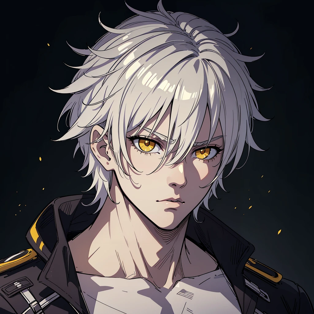 (high-quality, breathtaking),(expressive eyes, perfect face) Symmetrical Eyes, portrait, 1guy, 30 years old, white hair color, yellow highlights, bright yellow eyes, black and white clothes, Neopolitan RWBY, serious looking