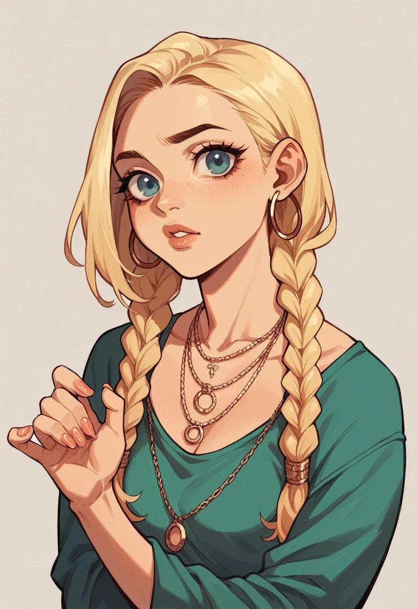  blonde with braids, hoop earings, eyes browns, nails painted white, necklace on the neck, 
