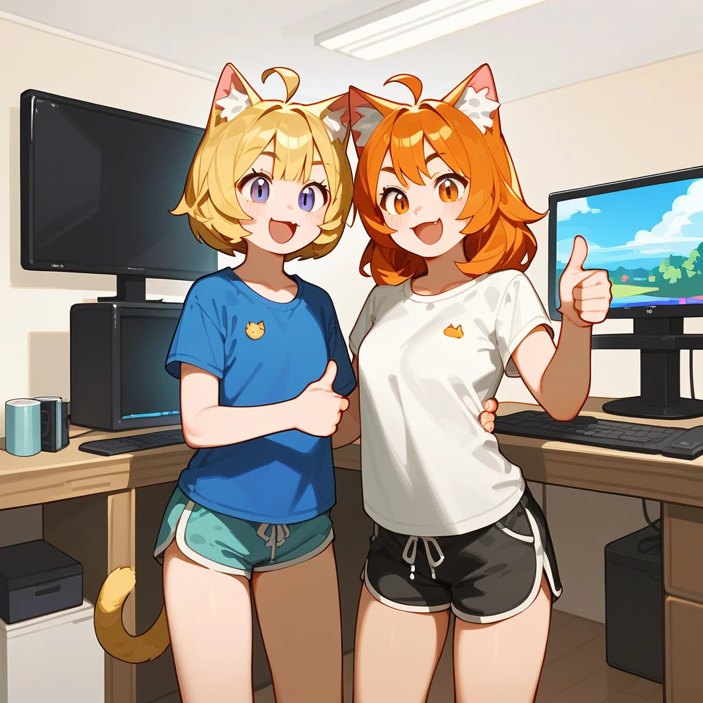 source_anime, score_9, score_8_up, BREAK a 1girl using a computer, cat ears, shirt, shorts, living room, thumbs up, smile open mouth