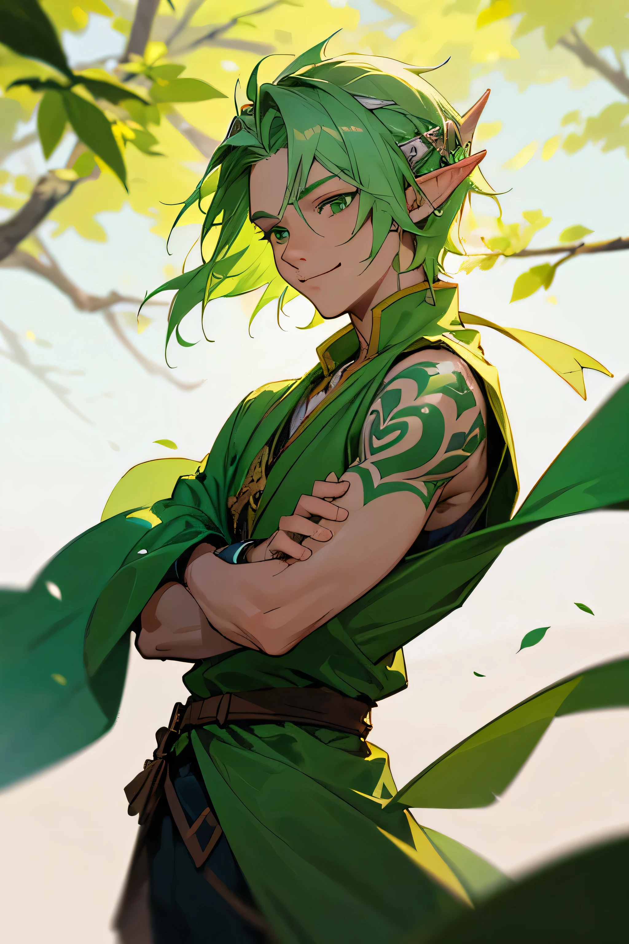 Arte Anime wallpaper, realistic lighting, Spring Eladrin Elf, heterosexual man, atletico, 20 year, happy and smiling, light green skin, short green hair flying in the wind and a crown of leaves on her head, light green eyes, Bright green tribal tattoos on face and body, spring rpg clothes of green colors with elven details of flowers on clothes, spring day in the background, blurred and realistic background
