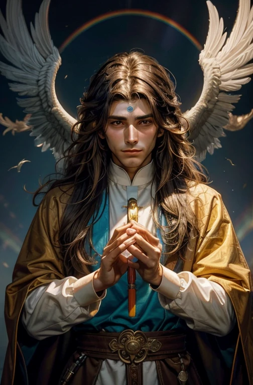 Brown long-haired handsome Symmetrical featured Male Priest with the religious iconography of a bird with a rainbow feathered tail. This priest has a knack for painting, spreading love and peace