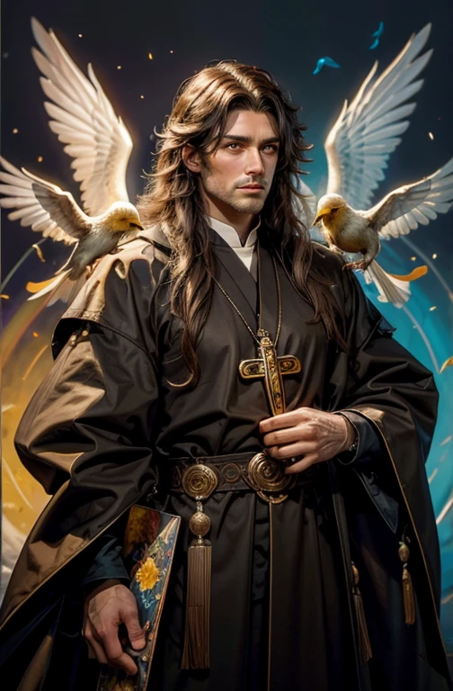 Brown long-haired handsome Symmetrical featured Male Priest with the religious iconography of a bird with a rainbow feathered tail. This priest has a knack for painting, spreading love and peace