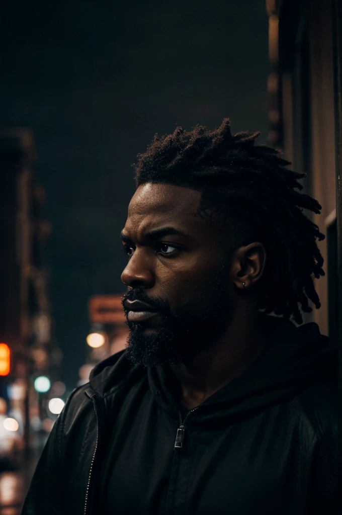 isaiah:A black man with a black scruffy beard:1.1) black clothes, new orleans, at night, bald head (intensely focused gaze, piercing eyes) (detailed facial features, defined nose and lips) (Threatening atmosphere) (dark shadows and dramatic lighting) (hight contrast:1.1) (gritty texture) (intense and suspenseful:1.1) (full of action) (dynamic composition) (cinematic vibe) (Shallow depth of field) (dramatic bokeh) (film noir style) (dark, moody color palette) (captivating and mysterious) (night setting) (Urban setting) (rain-soaked streets) (Tense and suspenseful atmosphere:1.1) (impacto emocional) (intense narrative) (provocative and thought-provoking) (impressive and impactful) (work of art:1.2), (high resolution:4K), (realisitic:1.37), (proffesional)