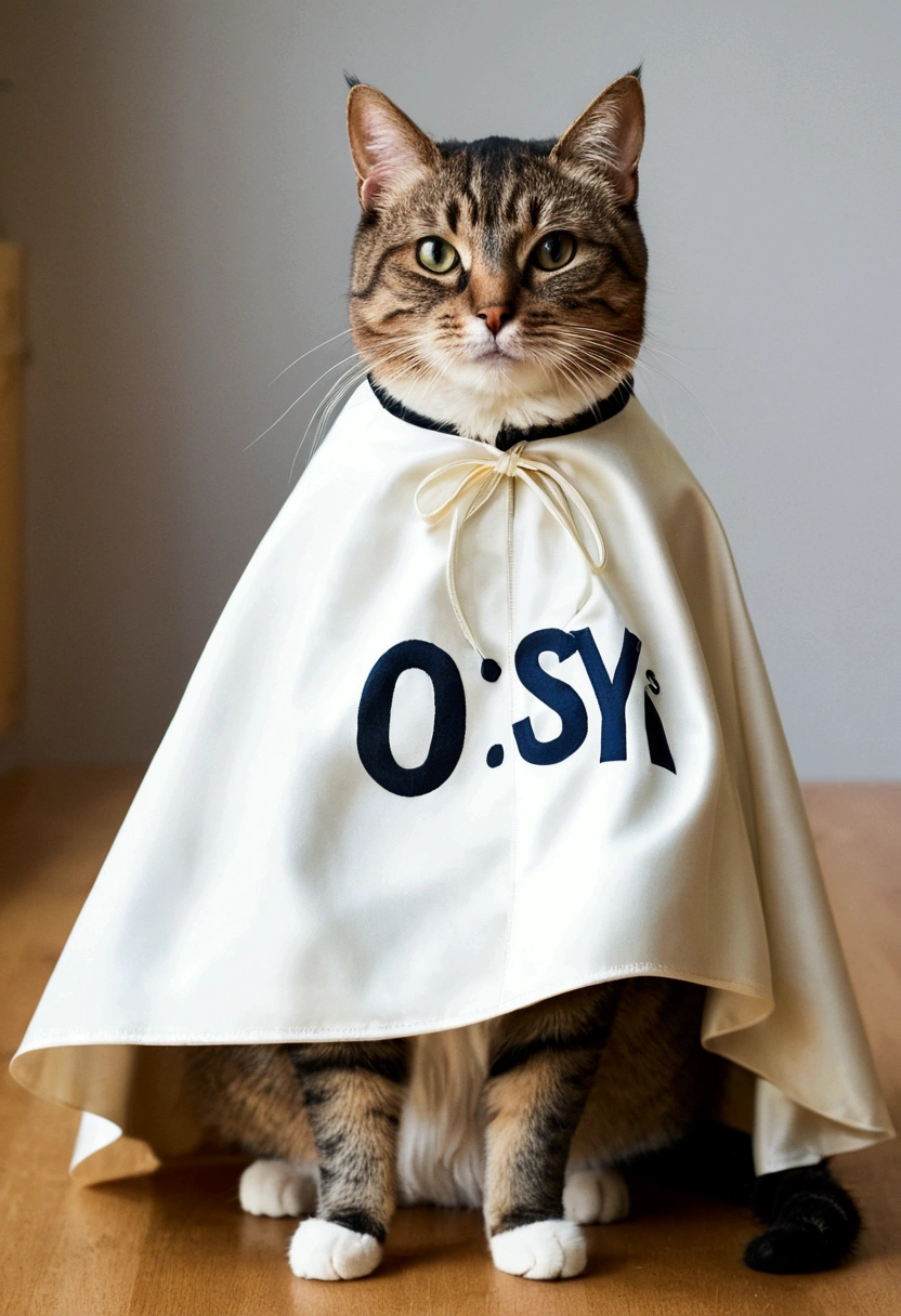 cat wearing cape (written "O C K S Y I" on the cape)
