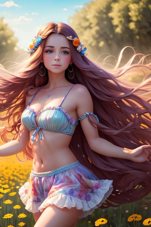 A whimsical girl with long, flowing hair made of flowers, dancing in a field of vibrant colors. Rendered in a dreamy, watercolor style.
