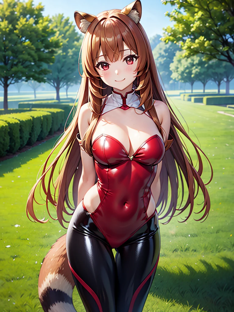 masterpiece、ultra precision、anime illustration style、solo、Raphtalia、smile、1 girl、Raccoon ears、 During the walk、A cute girl no matter who you look at、8Kimage、red and white clothing、absolute reference to center、put your arms behind your back、looking at the viewer、Front view、absolute reference to center, latex bodysuit