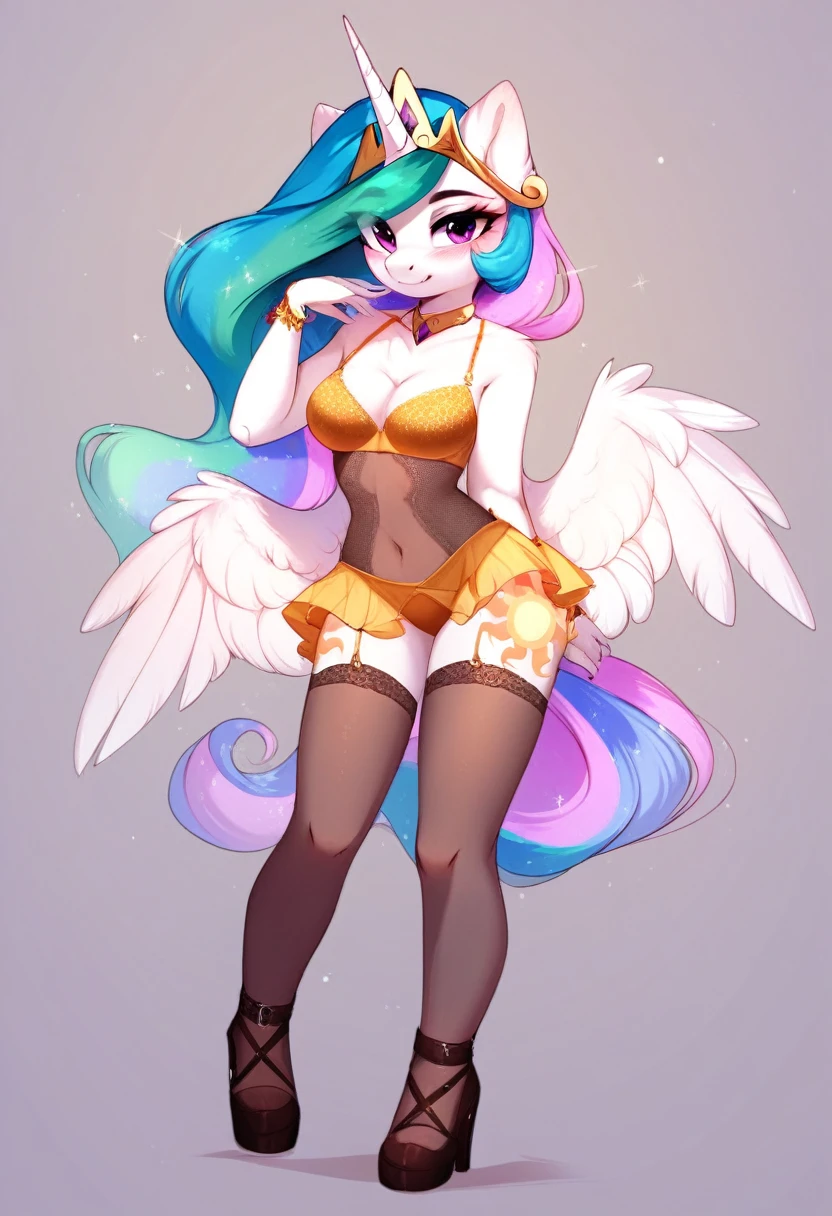check_9, check_8_up, check_7_up, source_fluffy, rating_safe, from Magnaluna, Celestia poses seductively in a white bedroom, pink eyes, white body, anthro, blushing, wearing tight golden lingerie skirt, full body