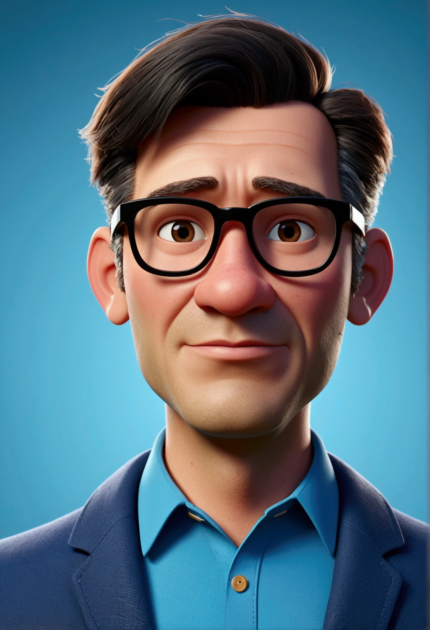 Cartoon character of a man in black glasses and blue shirt, animation character, stylized character, animation style rendering, 3d stylized, Arnold Maya rendering, Stylized 3D rendering, toon render screenshot, 3d character, 3d character, Stylized 3D rendering, 3D character rendering, cartoon character, Personagem de close up, character posing, (Pixar-style) (master part:1.2) (bokeh) (best qualityer) (skin detailed) (detailed texture) (8k) (Argilla) (cinematic lighting) (sharp focus