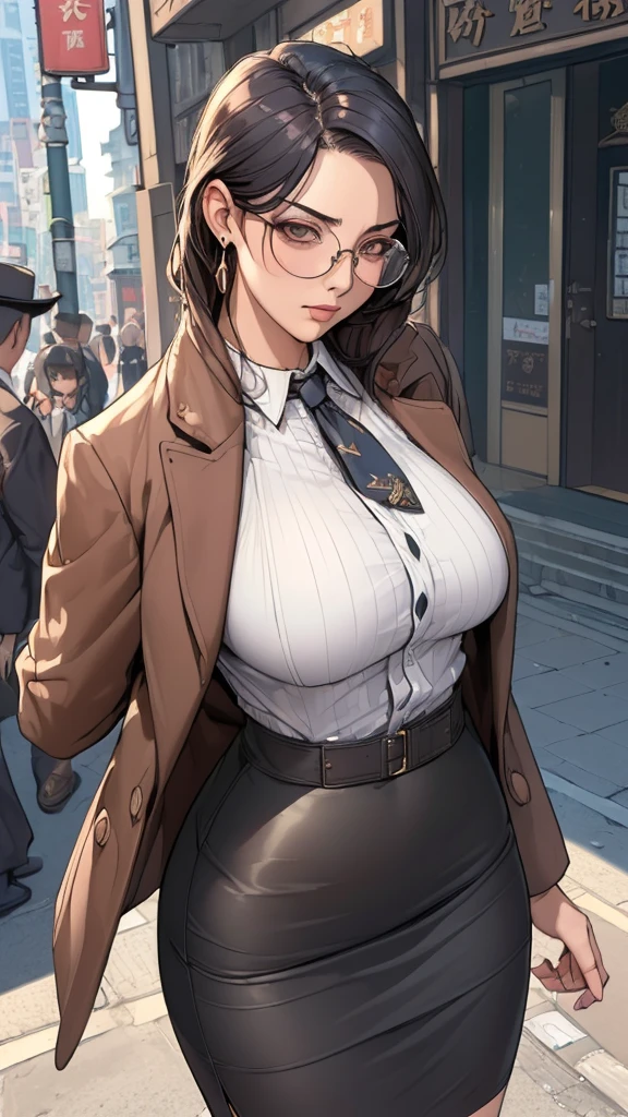 (masterpiece:1.3), (disorganized:1.3), (highest quality:1.3),(perfect anatomy),detailed face,Steam punk, victorian era,Hong kong,Kowloon,horizontal angle,hands,(looking at viewer), (Super detailed:1.3),(best shadow:0.7), solo,1 middle age woman around 40 years old,saggy breast,(treated hair), pulledback hair,fine eyes, beautiful eyes, 1 middle age woman, ((saggy breast)),private detective,alone, standing, crystal earrings,closed_mouth, arm_behind_return, (flock coat,pencil skirt,tie,under rim glasses), rest outdoors, intimidating pose,cowboy shot