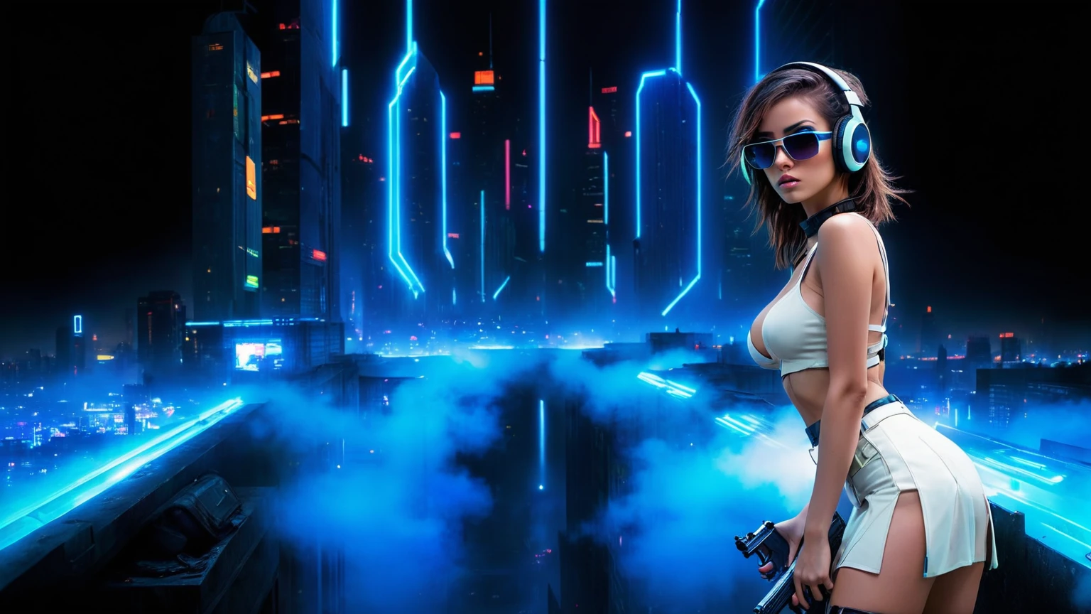 dark futuristic landscape, at night, neon lights, Atmospheric fog, large buildings in the background, futuristic city, streets with open shops, skyscraper (postapocalyptic city:1.3). (((1girl, solo, alone))), large-breast:1.2 slim body, cleavage:1.1, sexy miniskirt, (((headphone, black sunglasses, standing and holding pistol pose))), (((half-body thigh level medium shot))), cinematic lighting, lens flare, ray tracing.