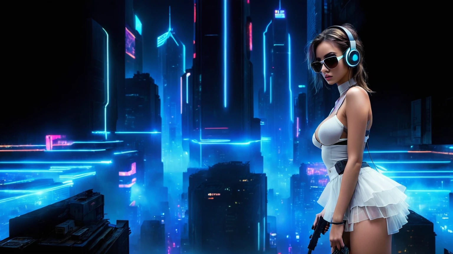 dark futuristic landscape, at night, neon lights, Atmospheric fog, large buildings in the background, futuristic city, streets with open shops, skyscraper (postapocalyptic city:1.3). (((1girl, solo, alone))), large-breast:1.2 slim body, cleavage:1.1, sexy miniskirt, (((headphone, black sunglasses, standing and holding pistol pose))), (((half-body thigh level medium shot))), cinematic lighting, lens flare, ray tracing.