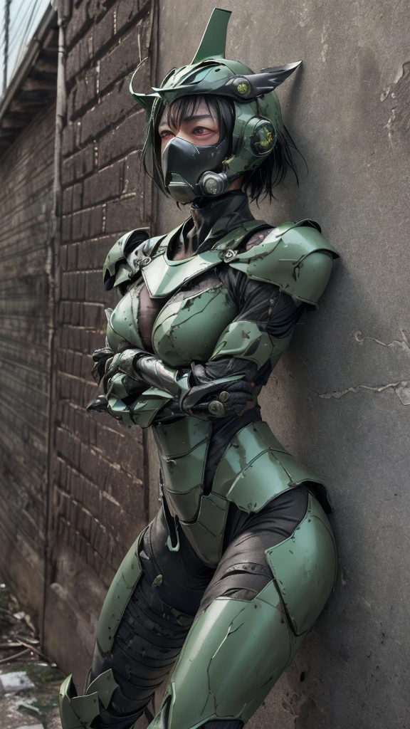 , Advanced Details, high quality, 最high quality, High resolution, 1080P 、Bleeding from the wound、Sexy Eyes、Wearing green and black、cute((The whole body is sweating))(Equipped with a damaged battle suit....)(Dark green armor)(Broken Armor)Black Hair、Chiquita、short hair、Open your mouth、Painful expression、It hurts again、Healthy Skin、20-year-old female　defeat　(Steam coming out of the face) ((Steam from the body)) 　Unable to fight　Severe attacks　((I was thrown against the wall、Head gear is broken.　)) flying debris　bare hands　Armor Stripping　Gas mask explodes