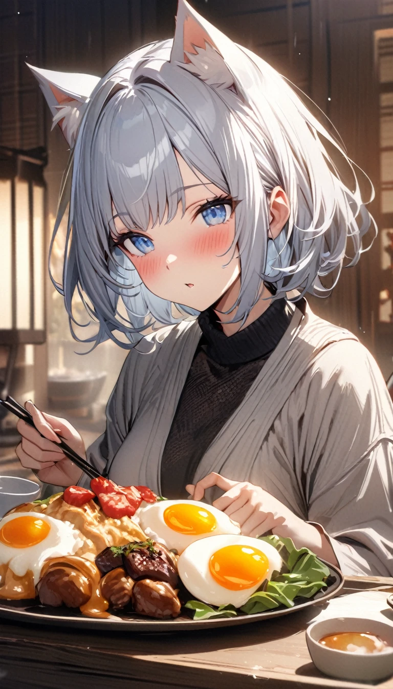 A beautiful girl with white hair tied in a ponytail is busy eating breakfast.。Her purple eyes were filled with anxiety.、A quick meal in the kitchen as the morning sun pours in。