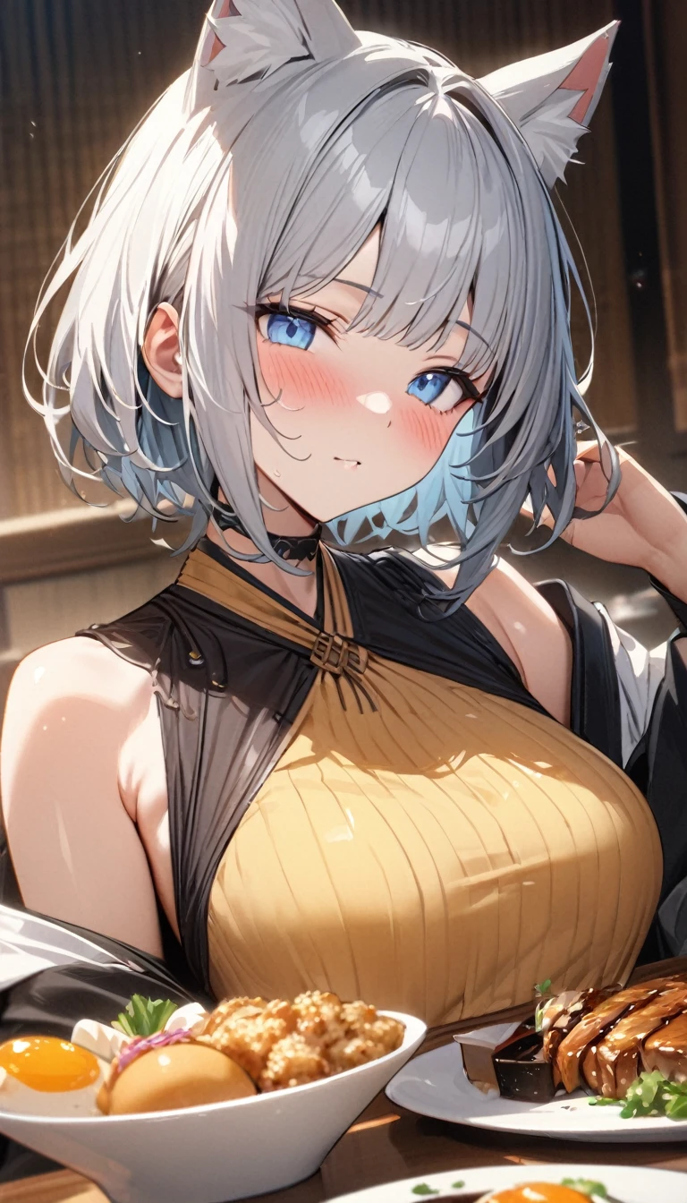 (((best quality)), ((masterpiece)), (details), masterpiece, best quality, high quality, ulutra detailed, perfect face, ((1girl, blue eyes, cat ears: 1.3 silver bob hair: 2.5,)) 、Shiny Hair、Glowing Skin、blush、Lustful look、breakfast、Japanese food、sleepy