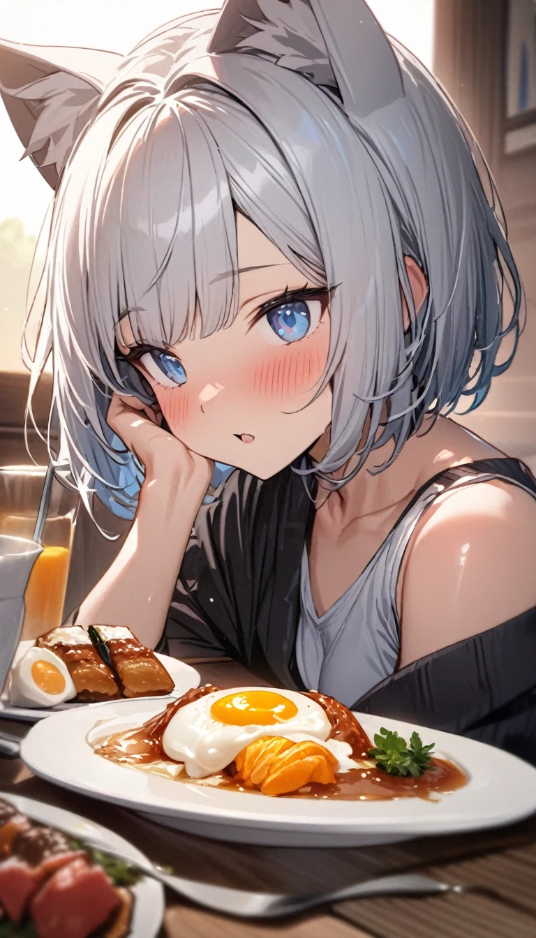 (((best quality)), ((masterpiece)), (details), masterpiece, best quality, high quality, ulutra detailed, perfect face, ((1girl, blue eyes, cat ears: 1.3 silver bob hair: 2.5,)) 、Shiny Hair、Glowing Skin、blush、Lustful look、breakfast、Japanese food、sleepy