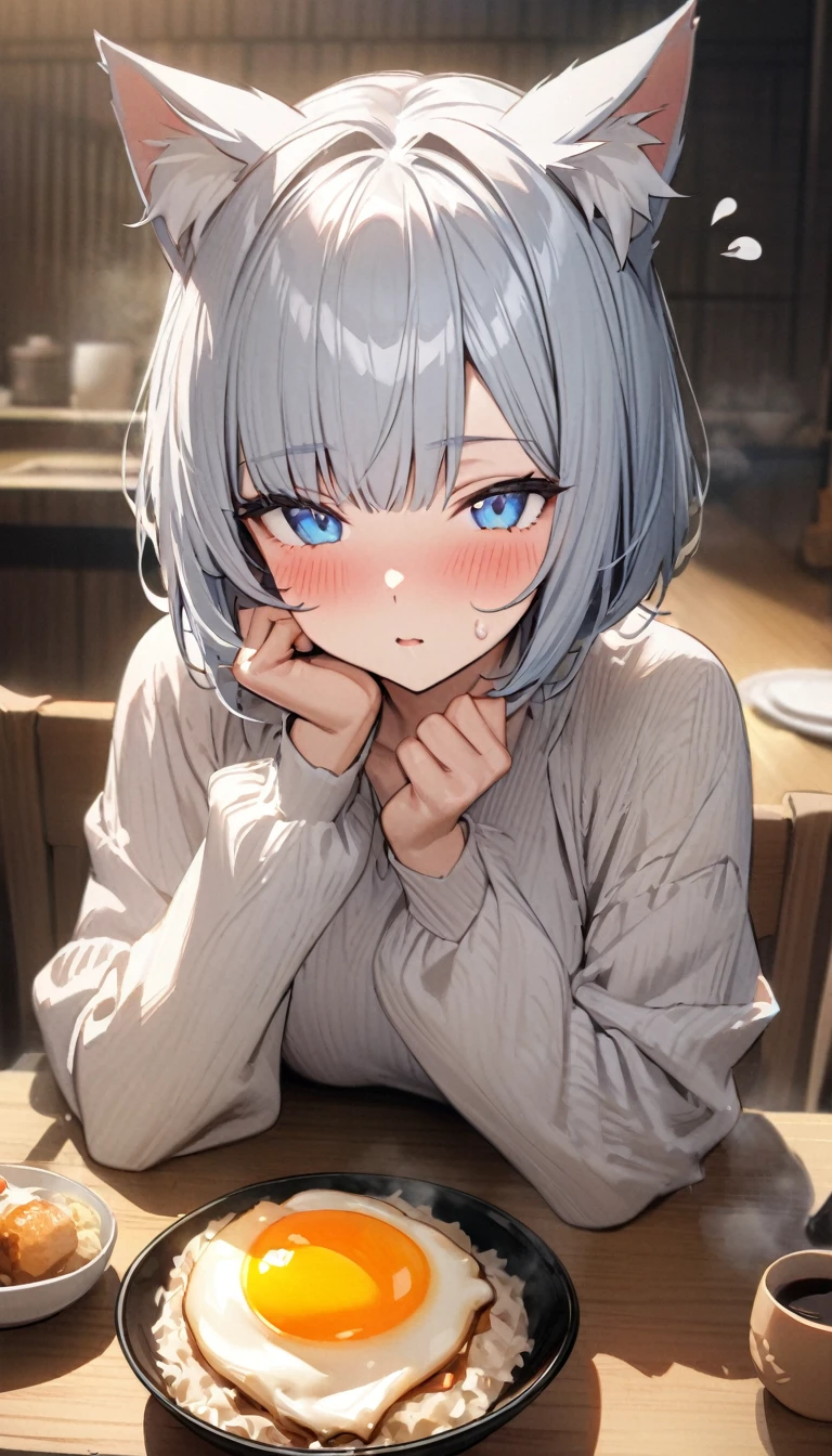 (((best quality)), ((masterpiece)), (details), masterpiece, best quality, high quality, ulutra detailed, perfect face, ((1girl, blue eyes, cat ears: 1.3 silver bob hair: 2.5,)) 、Shiny Hair、Glowing Skin、blush、Lustful look、breakfast、Japanese food、sleepy