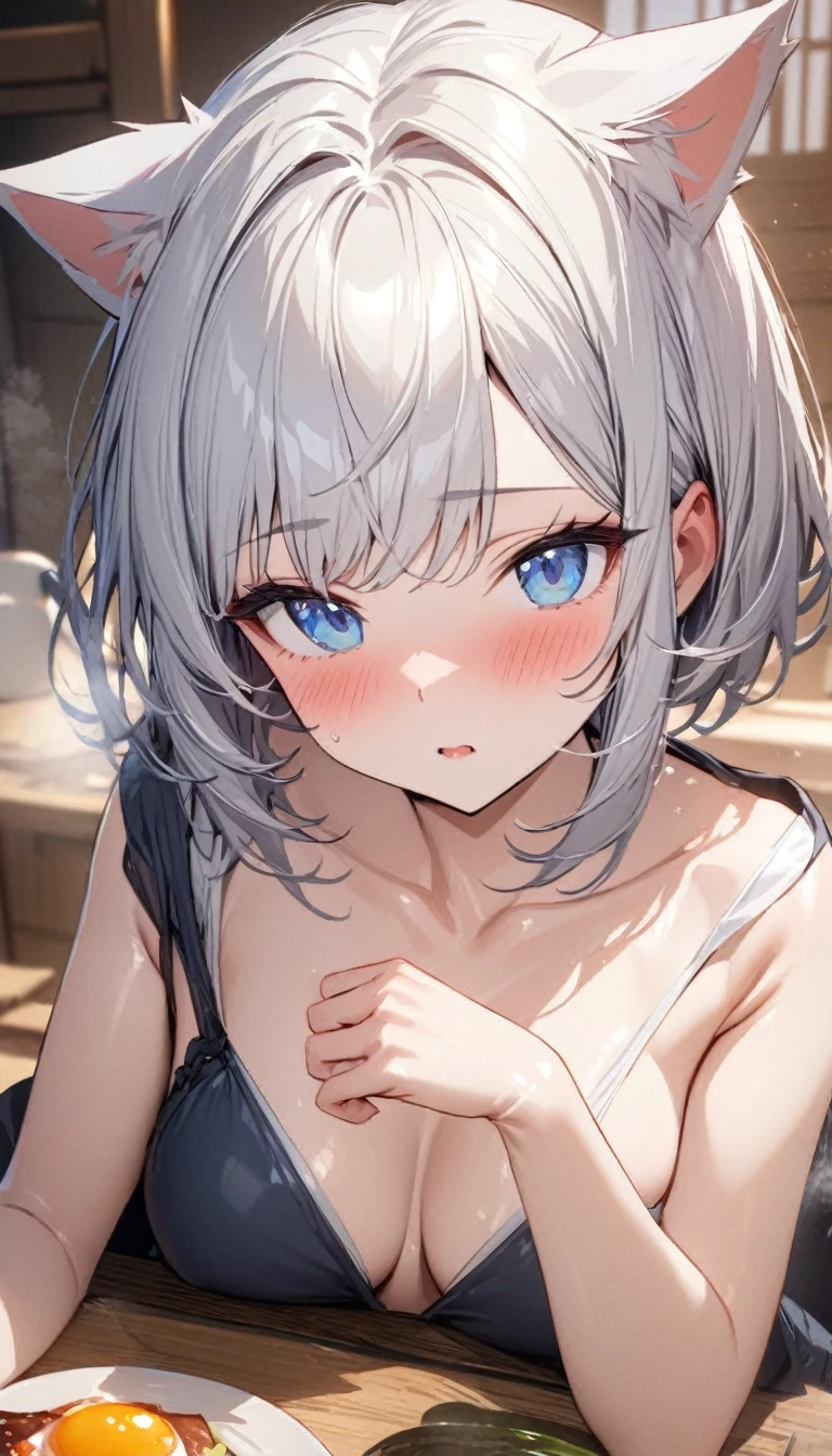 (((best quality)), ((masterpiece)), (details), masterpiece, best quality, high quality, ulutra detailed, perfect face, ((1girl, blue eyes, cat ears: 1.3 silver bob hair: 2.5,)) 、Shiny Hair、Glowing Skin、blush、Lustful look、breakfast、Japanese food、sleepy
