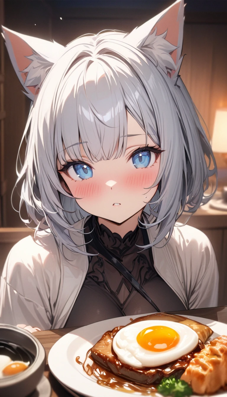 (((best quality)), ((masterpiece)), (details), masterpiece, best quality, high quality, ulutra detailed, perfect face, ((1girl, blue eyes, cat ears: 1.3 silver bob hair: 2.5,)) 、Shiny Hair、Glowing Skin、blush、Lustful look、breakfast、Japanese food、sleepy