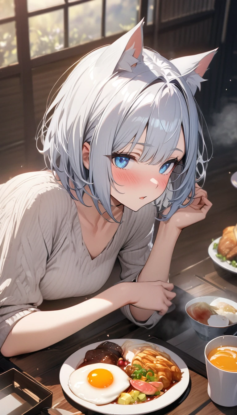 (((best quality)), ((masterpiece)), (details), masterpiece, best quality, high quality, ulutra detailed, perfect face, ((1girl, blue eyes, cat ears: 1.3 silver bob hair: 2.5,)) 、Shiny Hair、Glowing Skin、blush、Lustful look、breakfast、Japanese food、sleepy