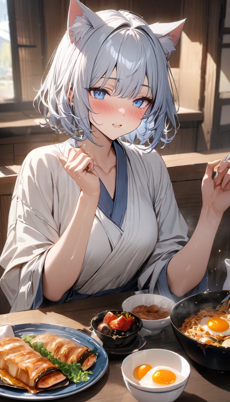 (((best quality)), ((masterpiece)), (details), masterpiece, best quality, high quality, ulutra detailed, perfect face, ((1girl, blue eyes, cat ears: 1.3 silver bob hair: 2.5,)) 、Shiny Hair、Glowing Skin、blush、Lustful look、breakfast、Japanese food、sleepy