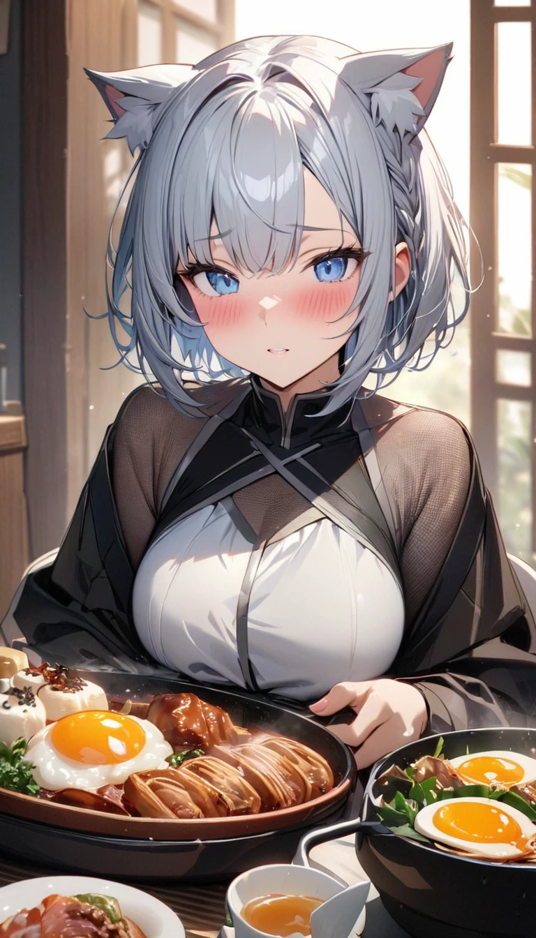 (((best quality)), ((masterpiece)), (details), masterpiece, best quality, high quality, ulutra detailed, perfect face, ((1girl, blue eyes, cat ears: 1.3 silver bob hair: 2.5,)) 、Shiny Hair、Glowing Skin、blush、Lustful look、breakfast、Japanese food、sleepy