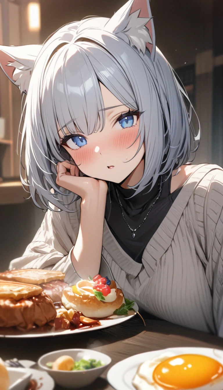 (((best quality)), ((masterpiece)), (details), masterpiece, best quality, high quality, ulutra detailed, perfect face, ((1girl, blue eyes, cat ears: 1.3 silver bob hair: 2.5,)) 、Shiny Hair、Glowing Skin、blush、Lustful look、breakfast、Japanese food、sleepy