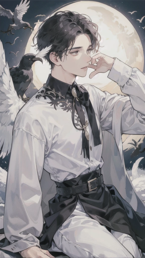 man, side face, wings white behind him, angel, hand on his head, villan, crows