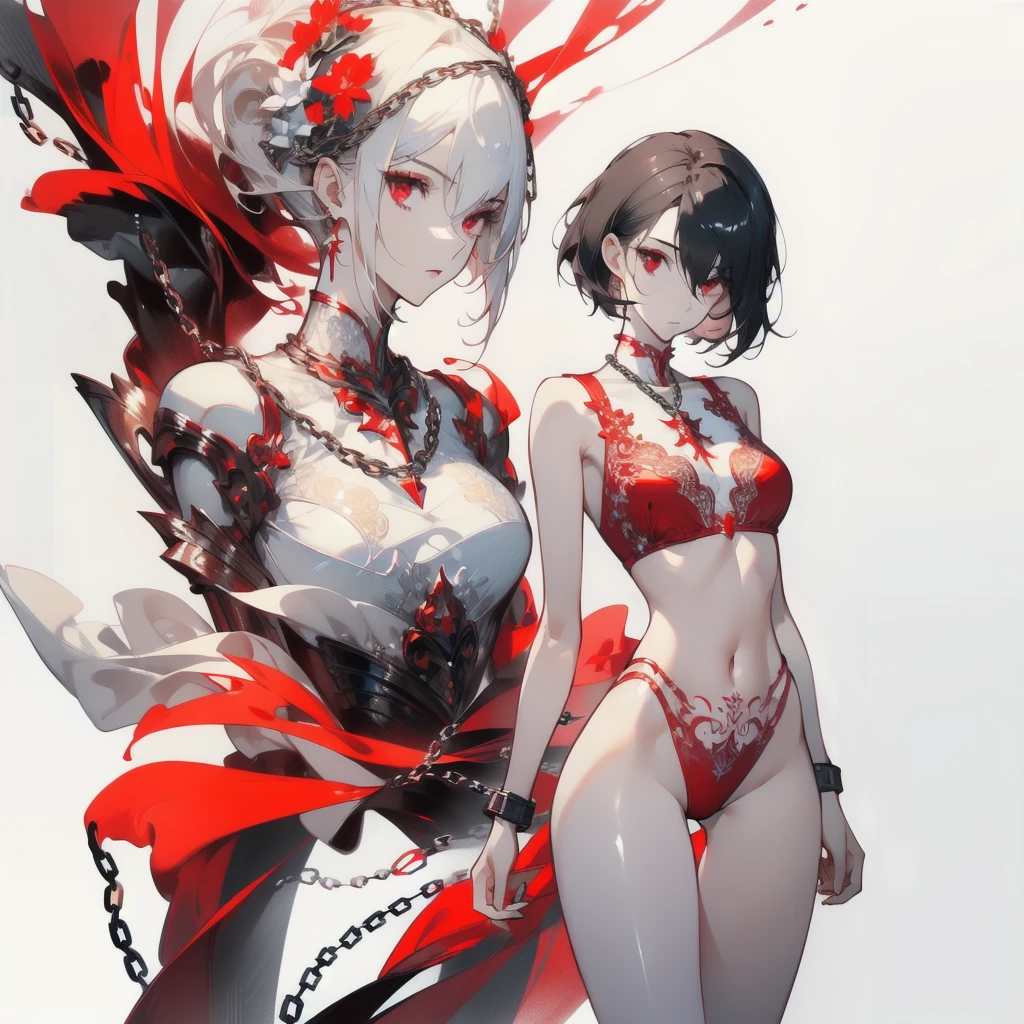 ((masterpiece, best quality)), Delicate face,knight,Standing picture,whole body,Perfect body proportions,Long legs,Handsome short hair,Nice red eyes,Fantasy style,White background,Extremely beautiful,transparent,Pure white armor,Sexy bikini,Flame Surround,chain,Tattoo,Lace,exposed