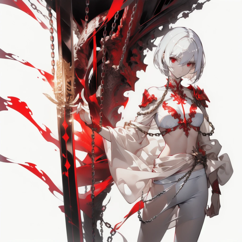 ((masterpiece, best quality)), Delicate face,knight,Standing picture,whole body,Perfect body proportions,Long legs,Handsome short hair,Nice red eyes,Fantasy style,White background,Extremely beautiful,transparent,Pure white armor,Sexy bikini,Flame Surround,chain,Tattoo,Lace,exposed