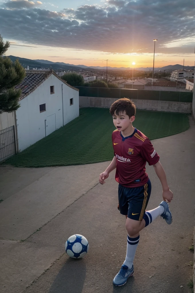  Scene in Frias, spain: Create an image of a rural Spanish town, with children playing outdoors or a local football field.

Dedication Training Scene: Draw a scene of Frank kicking a ball against a wall at sunset, demonstrating your tireless dedication.

Barcelona Base Tests: Illustrious Frank on a Testing Ground, surrounded by scouts and other young players, showing tension and effort during testing.

Moment of Selection: Create a visual representation of Frank receiving the news that he has been selected by Barcelona, capturing your reaction of joy and accomplishment.

Dream of Full Stadiums: Develop an image of Frank looking at the horizon, holding a football, dreaming of stadiums full of passionate fans.