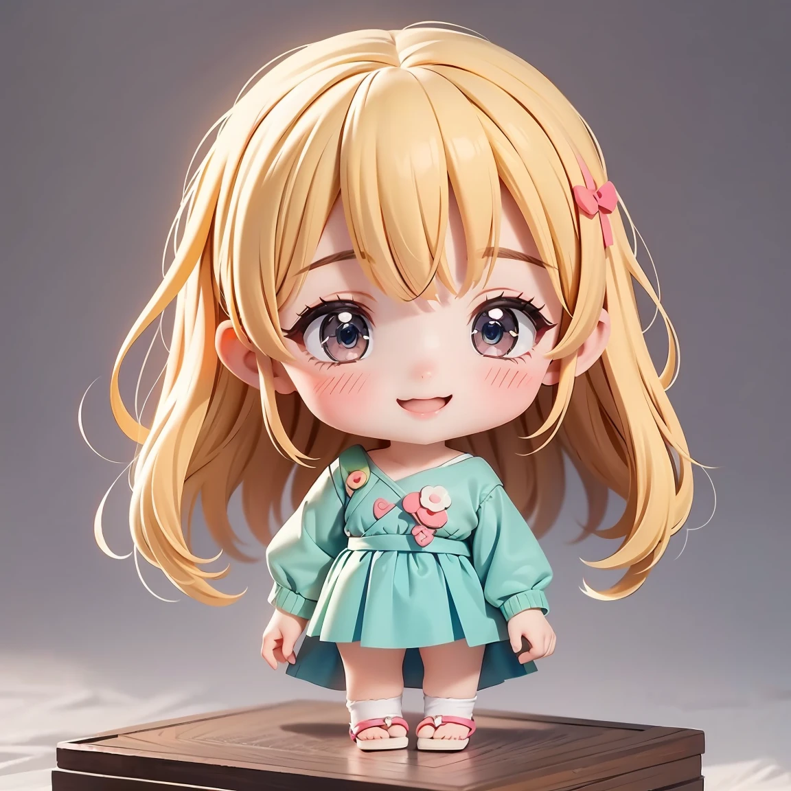  Super Chibi Character：1.8、wearing cute sandals、background：Simple all over、Blonde Hair、Cute 7  girl、Random cute outfits、Short legs、Sandals with ribbon、Cute pose、Super Happy Smile：1.8