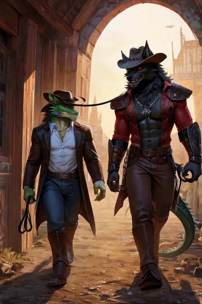Can you draw a fluffy white werewolf Walking a green dragon, The green dragon has one red robotic eye and has on a cowboy hat, The werewolf is walking the dragon using a kid leash. The werewolf is bigger then the dragon, The werewolf is the one walking the dragon, "The werewolf is not wereing cowboy gear", The dragon is wereing a cowboy hat with one red robotic eye.