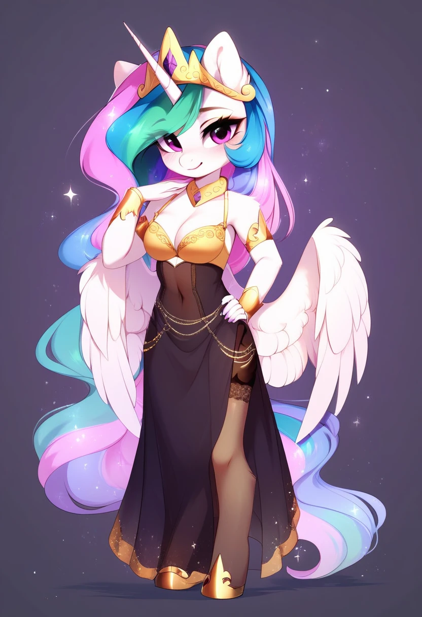 check_9, check_8_up, check_7_up, source_fluffy, rating_safe, from Magnaluna, Celestia poses seductively in a white bedroom, pink eyes, white body, anthro, blushing, wearing tight golden lingerie skirt, full body