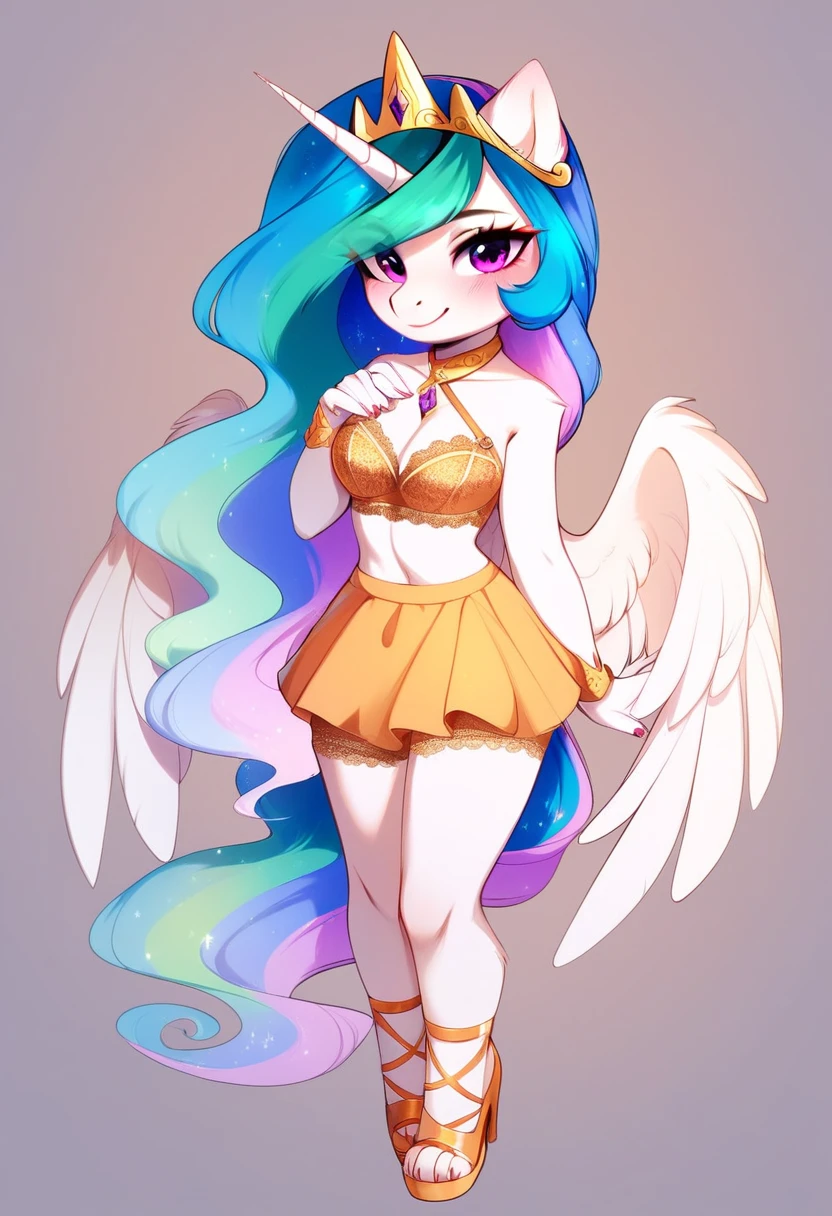 check_9, check_8_up, check_7_up, source_fluffy, rating_safe, from Magnaluna, Celestia poses seductively in a white bedroom, pink eyes, white body, anthro, blushing, wearing tight golden lingerie skirt, full body