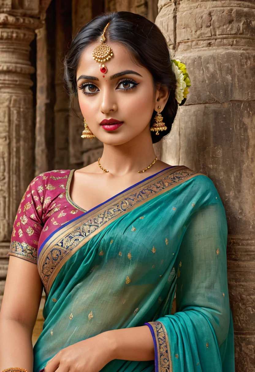 "(best quality,highres), Indian woman at temple, wearing sari, beautiful detailed eyes and lips, long eyelashes, realistic rendering, vibrant hues, high resolution, ultra-detailed, realistic rendering, high-resolution masterpiece, (woman's appearance is curved and attractive),




