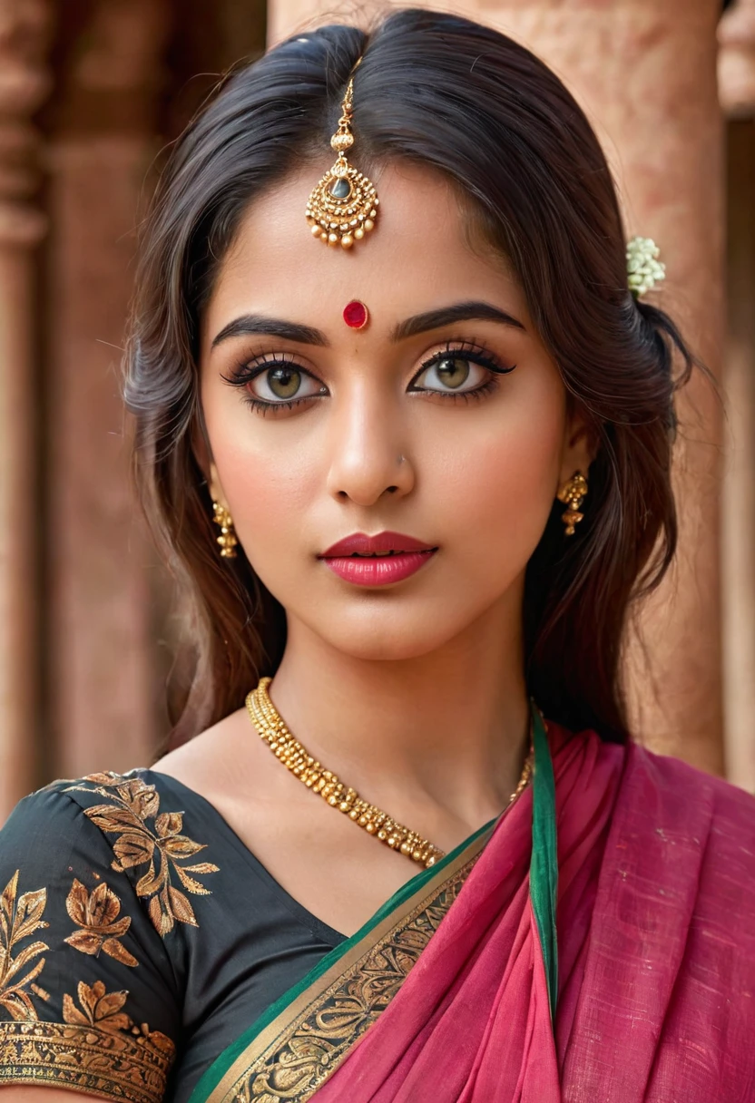 "(best quality,highres), Indian woman at temple, wearing sari, beautiful detailed eyes and lips, long eyelashes, realistic rendering, vibrant hues, high resolution, ultra-detailed, realistic rendering, high-resolution masterpiece, (woman's appearance is curved and attractive),




