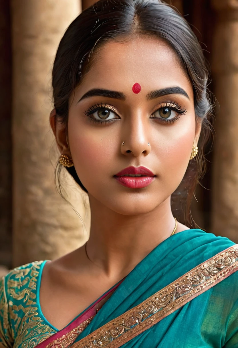 "(best quality,highres), Indian woman at temple, wearing sari, beautiful detailed eyes and lips, long eyelashes, realistic rendering, vibrant hues, high resolution, ultra-detailed, realistic rendering, high-resolution masterpiece, (woman's appearance is curved and attractive),




