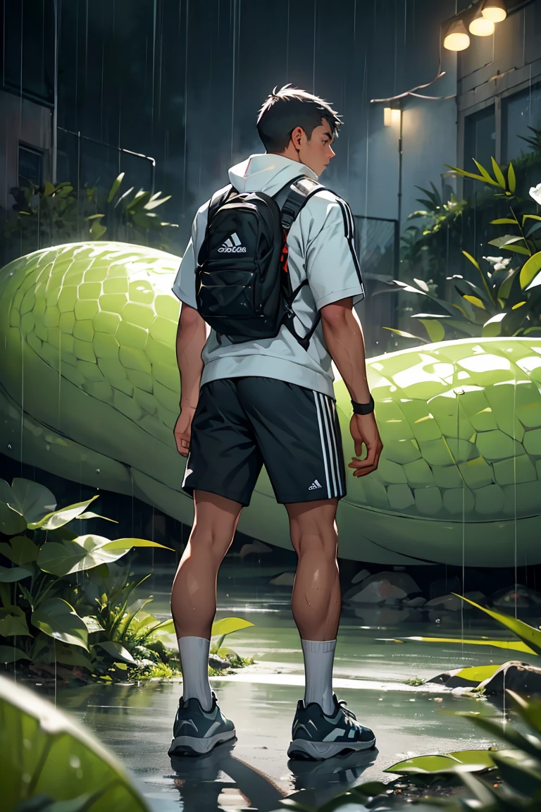 Man being swallowed by long, slimy slug with tentacles, gray football shorts, from behind, matching adidas sneakers, Athletic Socks, How, humida, rainy landscape in the background, saliva, snot, Languages
