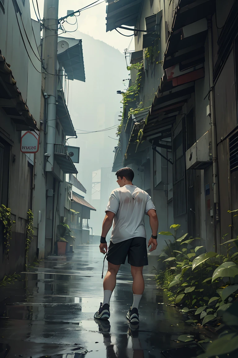 Man being swallowed by long, slimy slug with tentacles, gray football shorts, from behind, matching adidas sneakers, Athletic Socks, How, humida, rainy landscape in the background, saliva, snot, Languages