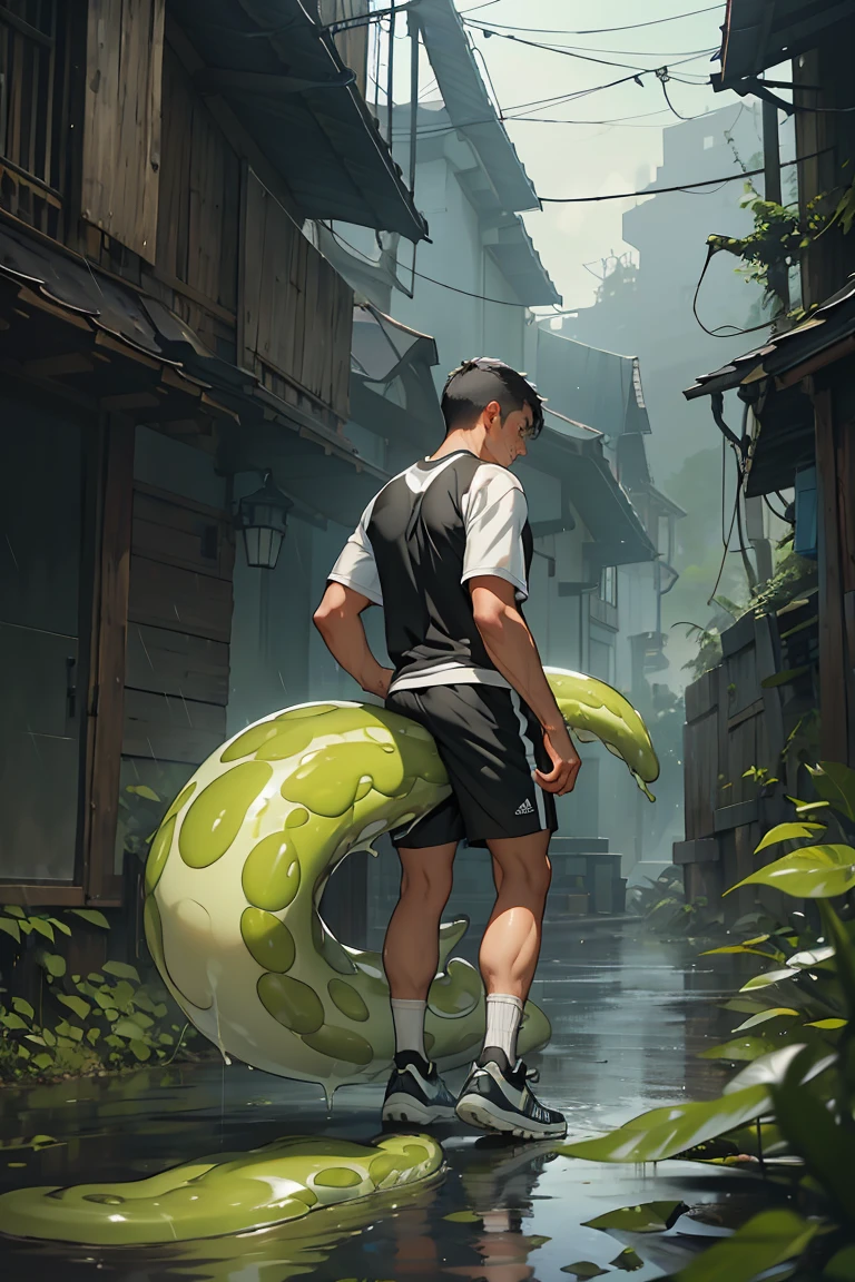 Man being swallowed by long, slimy slug with tentacles, gray football shorts, from behind, matching adidas sneakers, Athletic Socks, How, humida, rainy landscape in the background, saliva, snot, Languages