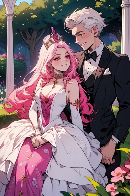 One man. One woman.Perfect faces. Perfect hands. A young white haired man with red eyes in an ornate suit is kissing a pink haired queen with violet eyes with an hourglass figure in a ballgown in the garden with a big smile