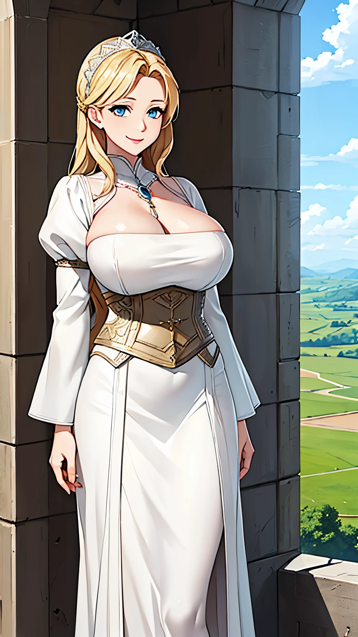 A woman wearing a white dress with silver details on the dress, blonde hair, blue eyes, in a tower of a sophisticated medieval castle, open tower overlooking a large open field and a sea in the distance, smiling, big breasts,, HDR , ultra resolution, very detailed, masterpiece, HD 8K, (solo, just one girl)
