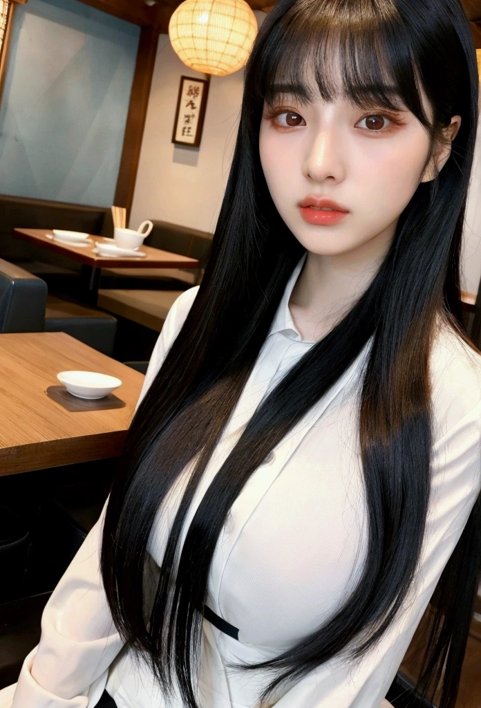 25 year old Asian woman, medium to large breasts and big ass, with long black hair and gray shirt, Ulzzang, Korean, She has black hair with bangs, Beautiful South Korean woman, Beautiful 25 year old Korean woman, Asian, Beautiful Asian , adorable and pale Korean face, black hime haircut, cruel Korean goth girl, slightly rounded face with long hair, Jaeyeon Nam, long straight bangs, in Korean restaurant eating ramen