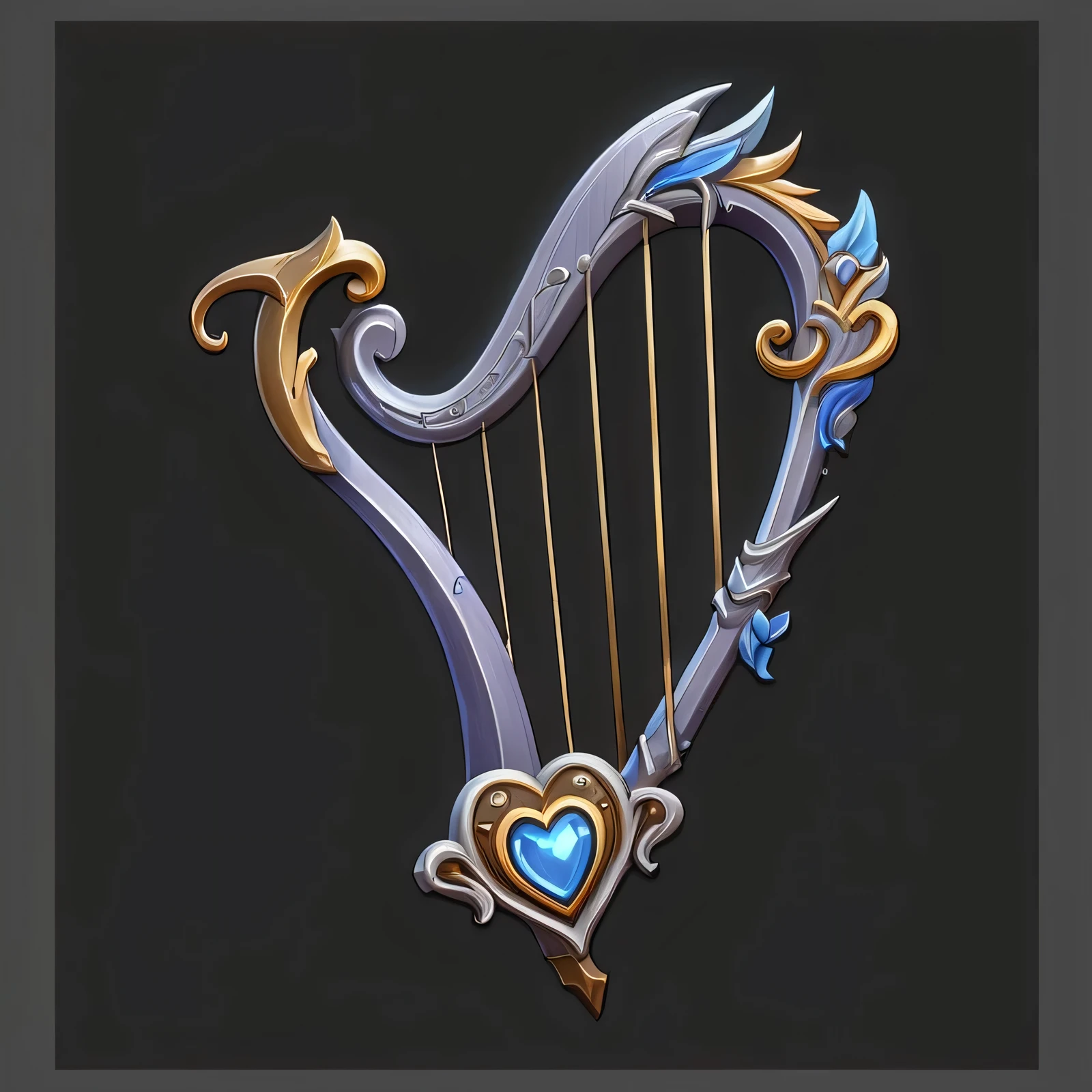 a close up of a harp with a heart on it, Hearthstone Weapon Art, harp, Heartstone original art style, (Fantasy Violin), Fantasy Violin, Role Playing Game Items, A long, delicate, ornate sickle, Fantasy RPG Weapon Art, Huge stylized shoulder armor, Fantasy weapons, Detailed game art, Guitar concept art, Fantasy Scythe, Game assets, Stylized game icons