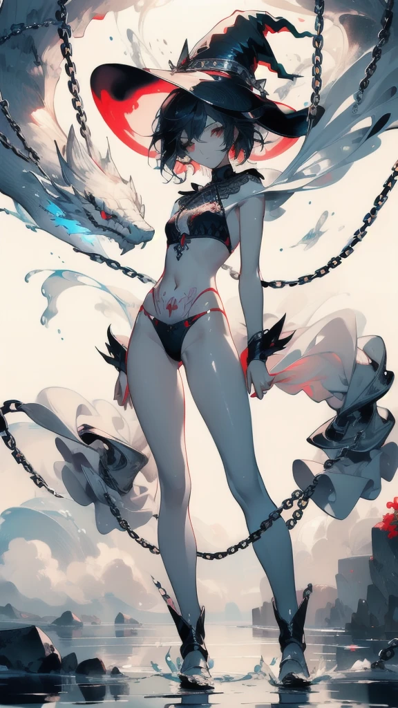 ((masterpiece, best quality)), Delicate face，Magician，Witch Hat，Standing picture，whole body，Perfect body proportions，Long legs，Handsome short hair，Nice red eyes，Fantasy style，White background，Extremely beautiful，transparent，Pure white armor，Sexy bikini，cloud，Water Ripples，chain，Tattoo，Lace，exposed