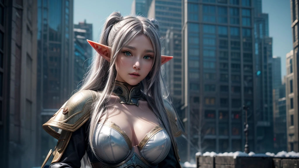 Female Elf，Close-up, Hollow future armor, 2. 5D CGI anime fantasy artwork, Large Breasts，Epic fantasy digital art style, detailed Digital 2D fantasy art, Digital 2D fantasy art, original photo, (best quality:1.3), high resolution, (masterpiece), (lifelike:1.4), Professional photography, Clear focus, High Dynamic Range, 8k resolution, Intricate details, Fine details, Depth of Field, Extremely detailed CG unified 8k wallpaper, masterpiece，poster，best quality，Official Art，（Beauty and aesthetics：1.2），（masterpiece：1.3），Female Elf，individual，complex pattern，snow，Cyberpunk style future city，Medium distance photography，（midnight：1.8），dramatic，Cyberpunk style clothes