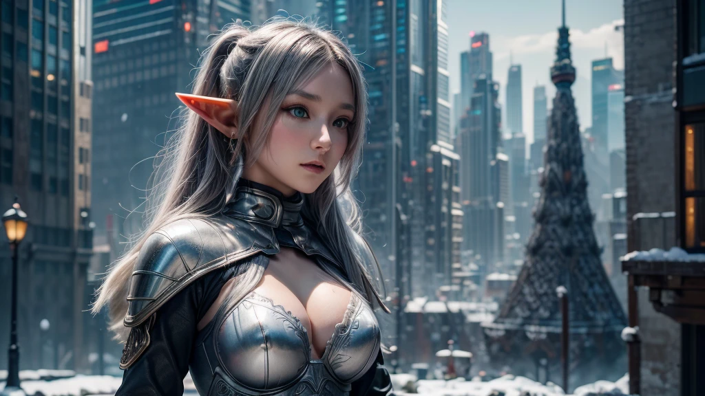 Female Elf，Close-up, Hollow future armor, 2. 5D CGI anime fantasy artwork, Large Breasts，Epic fantasy digital art style, detailed Digital 2D fantasy art, Digital 2D fantasy art, original photo, (best quality:1.3), high resolution, (masterpiece), (lifelike:1.4), Professional photography, Clear focus, High Dynamic Range, 8k resolution, Intricate details, Fine details, Depth of Field, Extremely detailed CG unified 8k wallpaper, masterpiece，poster，best quality，Official Art，（Beauty and aesthetics：1.2），（masterpiece：1.3），Female Elf，individual，complex pattern，snow，Cyberpunk style future city，Medium distance photography，（midnight：1.8），dramatic，Cyberpunk style clothes